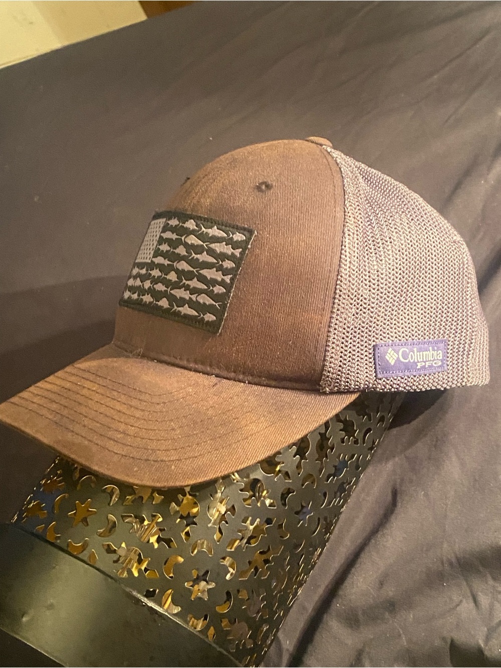 Columbia PFG Fish Flag American USA Gray Mesh Trucker Snapback Hat Cap EUC